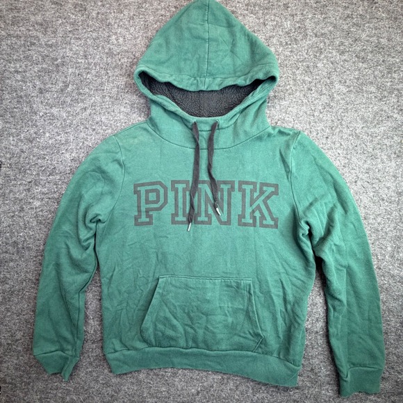 PINK Victoria's Secret Tops - PINK Victoria's Secret Hoodie Women L Green Sherpa Lined Pullover Sweatshirt